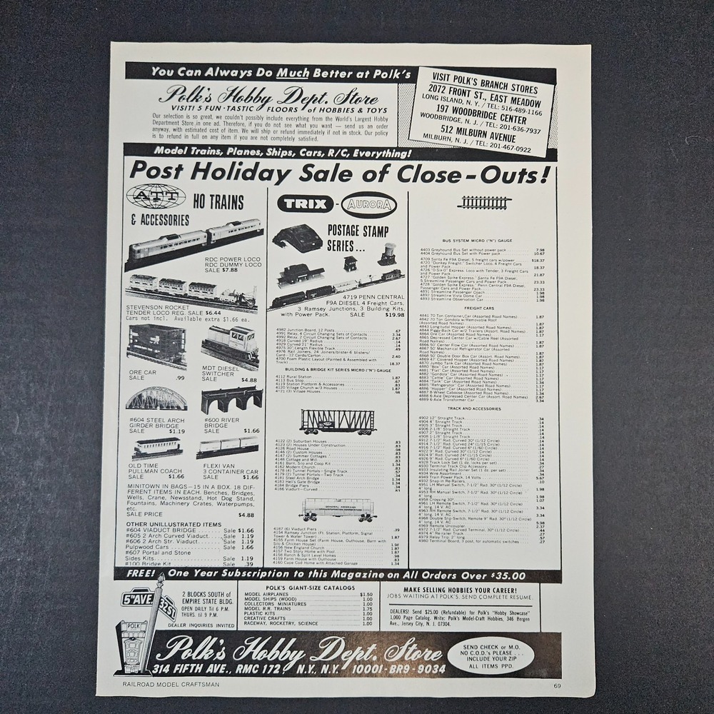 1972 Polk's Hobby Dept Store New York Vintage Print Ad Model Railroad Trains